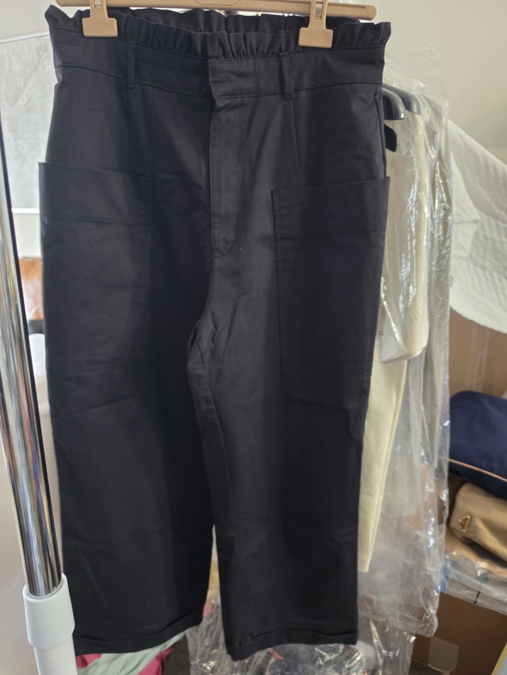 Zara Paperbag Black Elastic-Waist Utility Pants Size LARGE
